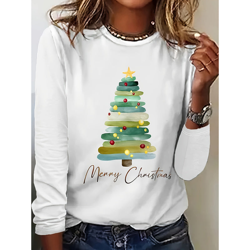 Women’s Long Sleeve Merry Christmas T-Shirt – Cute Christmas Tree Graphic Tee