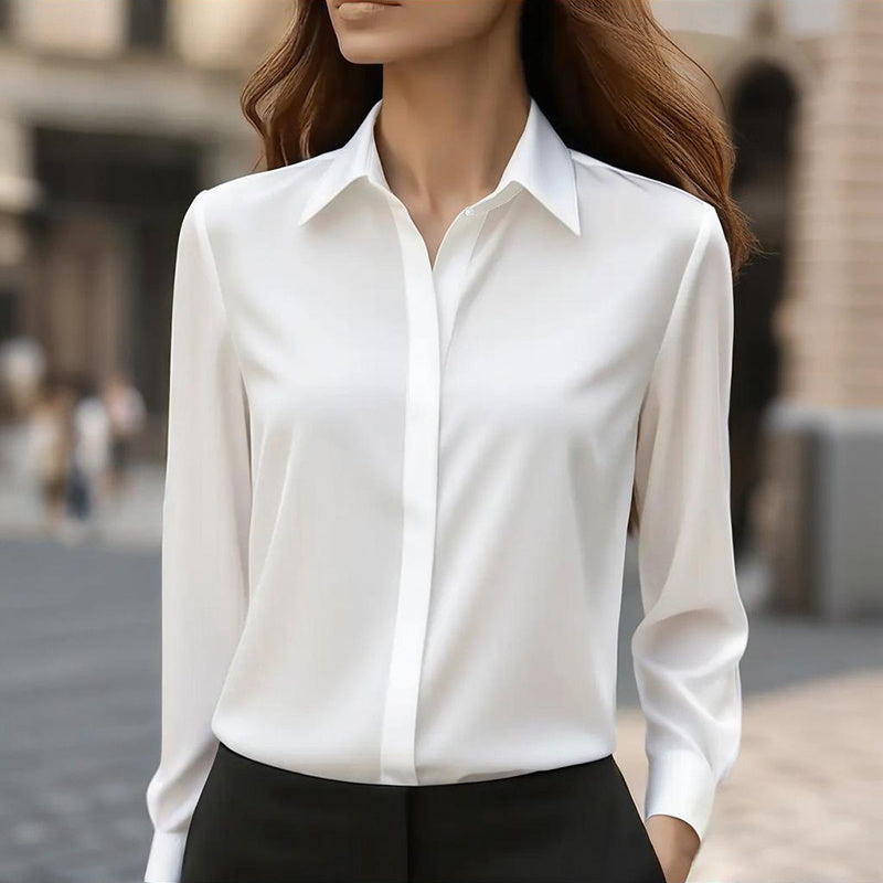 Loose Fit Satin Blouse — V-Neck Long Sleeve Tunic Top for Office & Casual Wear
