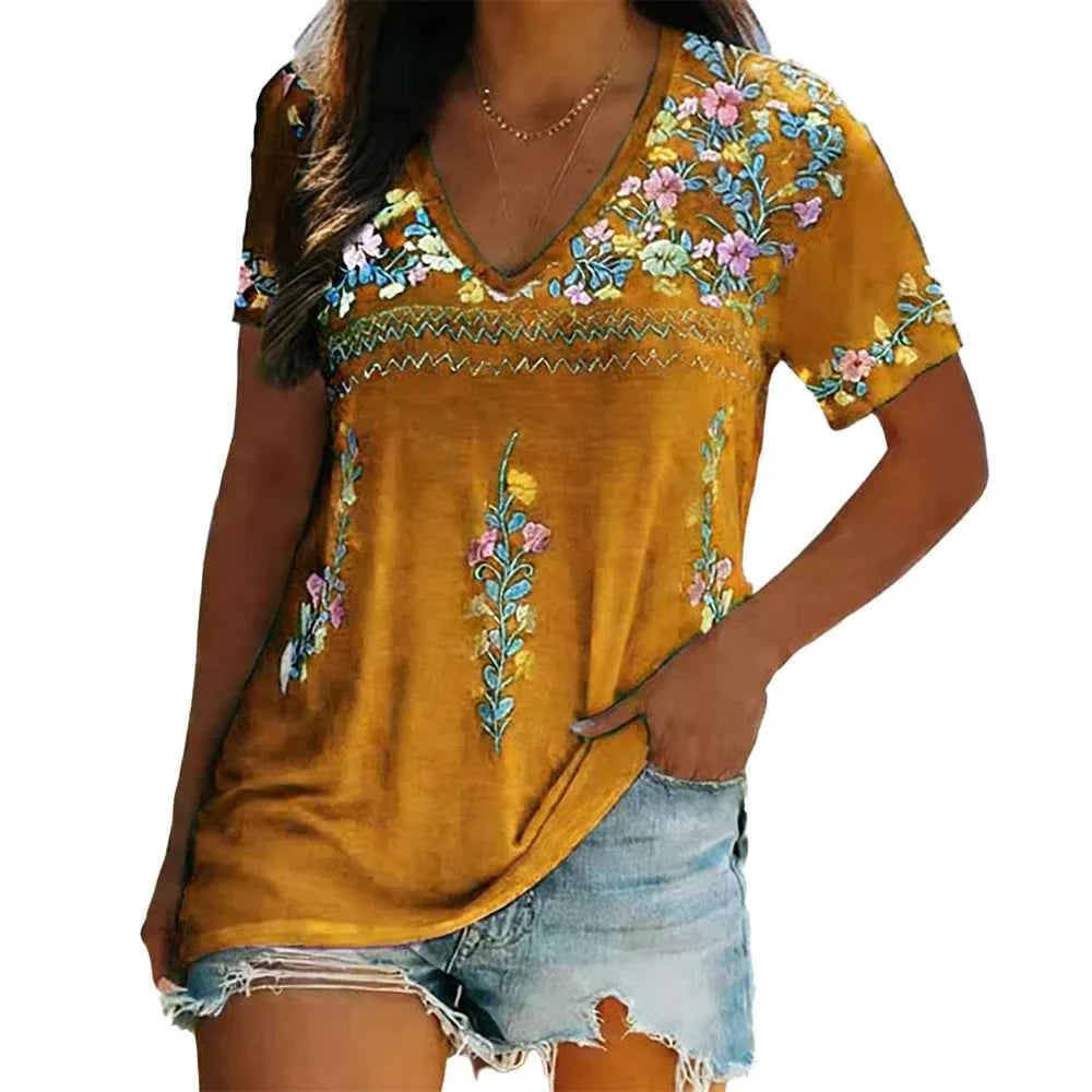 Bohemian V-Neck Short Sleeve T-Shirt