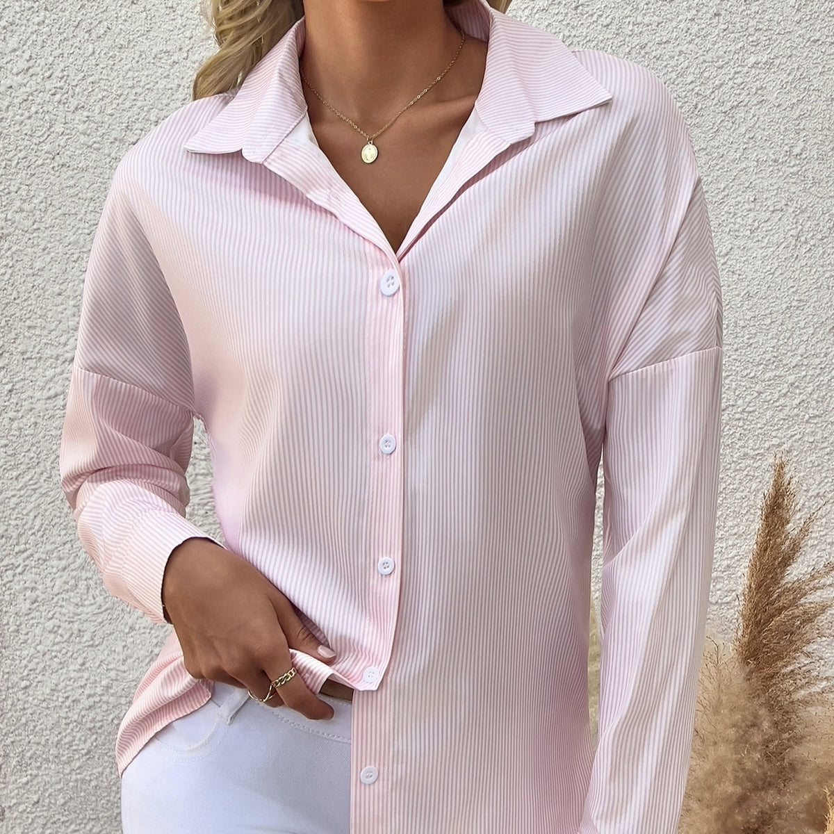 Women's Striped Lapel Long Sleeved Shirt Top