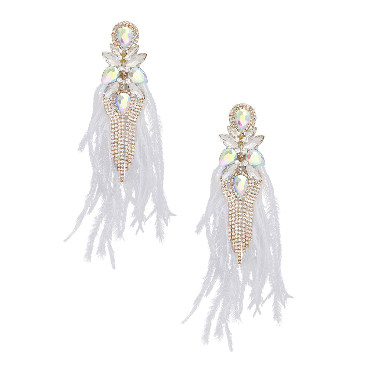 Women’s Glass Earrings with White Feather Tassel – Stylish Statement Jewelry
