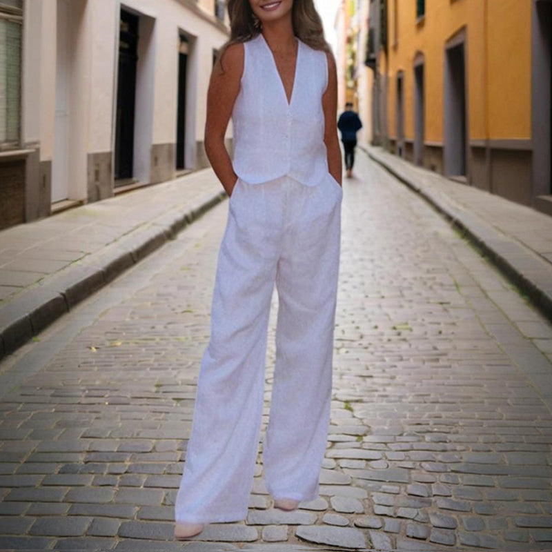 Women’s V‑Neck Button‑Front Vest & High‑Waist Pants Set