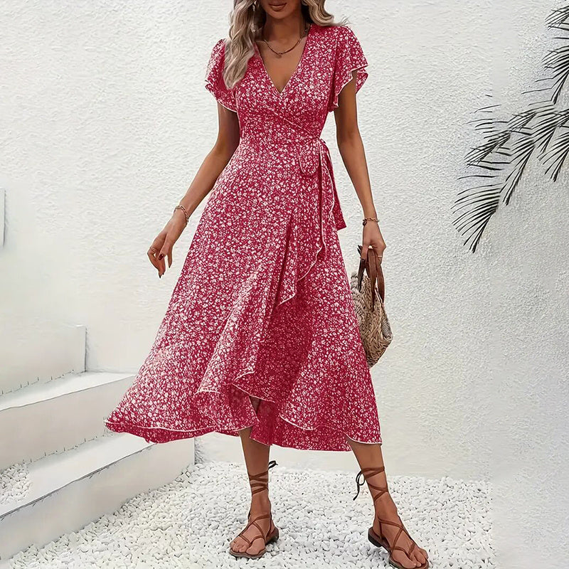 Summer Floral Boho Dress - Short Sleeve Ruffle Flowy Maxi Dresses