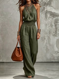 Women's Sleeveless Backless Lace-Up Halter Wide-Leg Jumpsuit