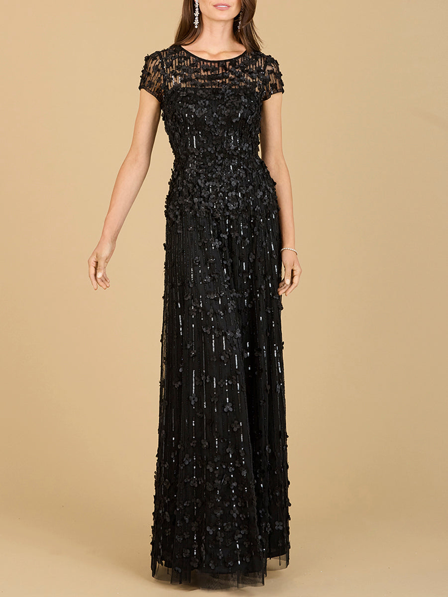 3D Floral Embellished Cap Sleeve Gown