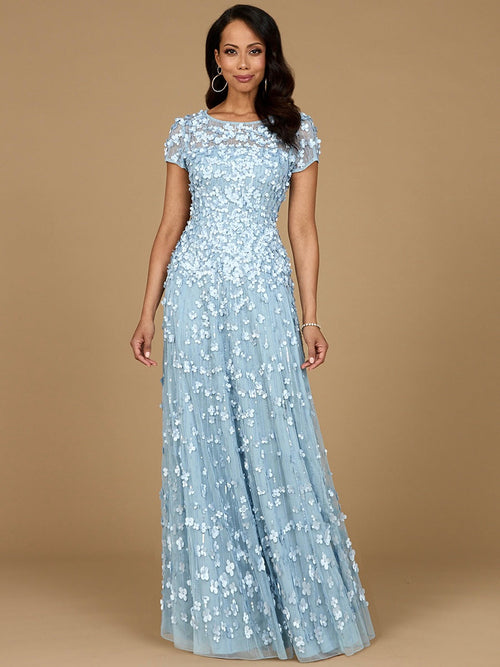3D Floral Embellished Cap Sleeve Gown