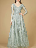 Long Sleeve Lace Ballgown with V-Neck