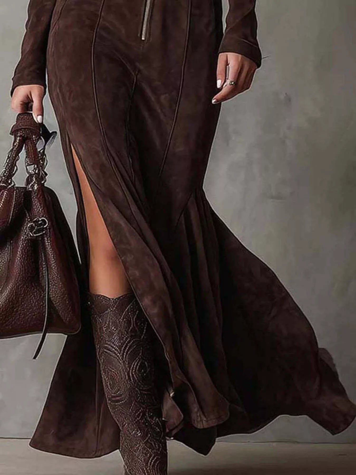 Full Size Slit Zip Front Long Sleeve Dress Plus Size