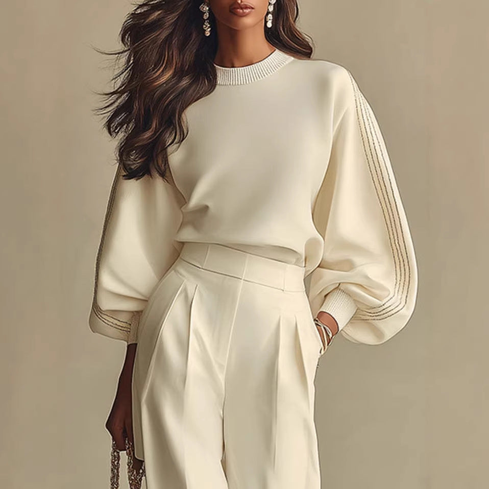 Women’s Round Neck Sweatshirt & Pants Set – Casual Long Sleeve Two-Piece Outfit