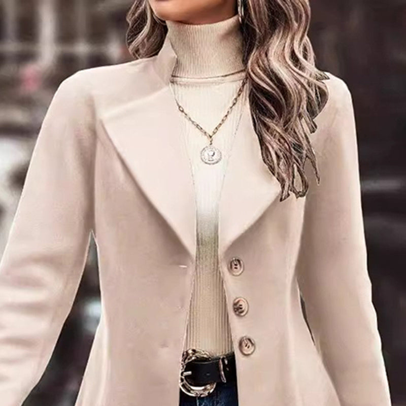 Women’s Winter Overcoat — Lapel Collar, Single-Breasted, Long Pea Coat