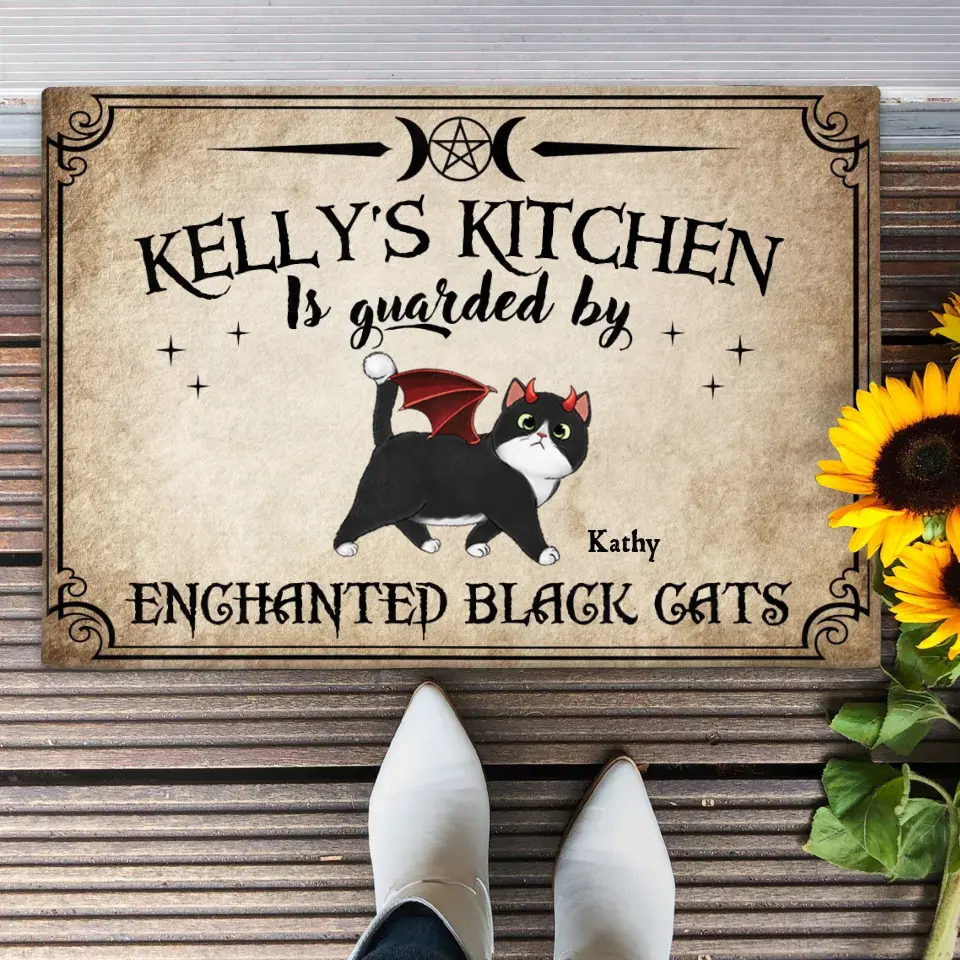 Personalized Cat Doormat - Halloween Gift Idea For Cat Lover - Up to 6 Cats - Witch's Kitchen Is Guarded By Enchanted Black Cats
