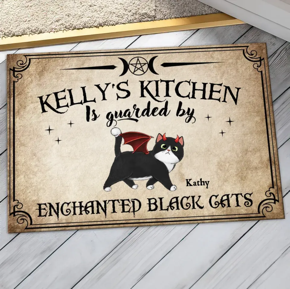 Personalized Cat Doormat - Halloween Gift Idea For Cat Lover - Up to 6 Cats - Witch's Kitchen Is Guarded By Enchanted Black Cats