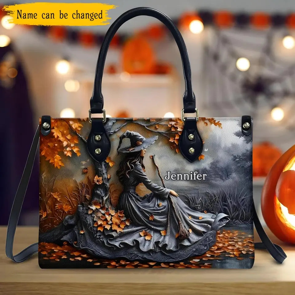 Custom Personalized Witches Broom PU Leather Handbag with Long Straps - Halloween Gift Idea For Woman/ Witch/ Friend
