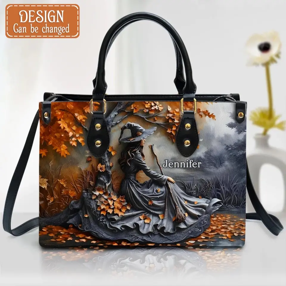 Custom Personalized Witches Broom PU Leather Handbag with Long Straps - Halloween Gift Idea For Woman/ Witch/ Friend