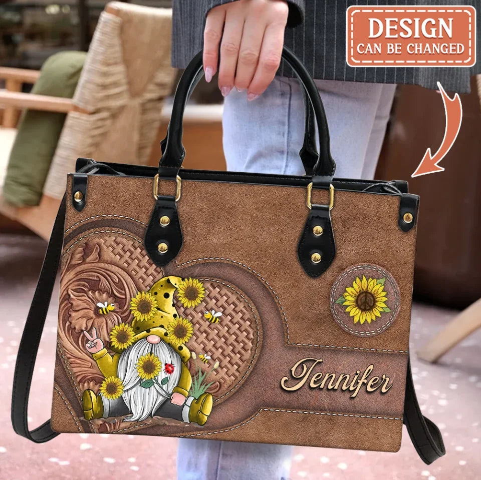 Personalized Bee Sunflower Hippie Gnome PU Leather Handbag With Long Straps - Gift Idea For Grandma/Mom/Wife/Friend