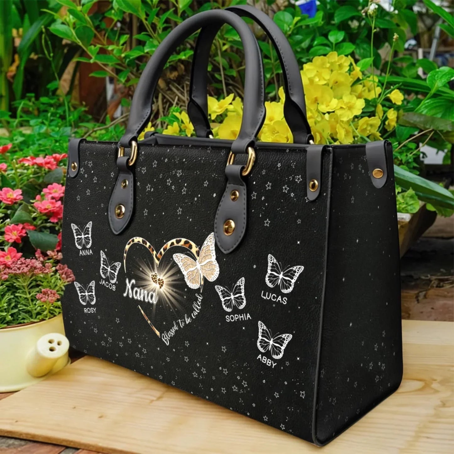 Personalized Blessed To Be Call Grandma PU Leather Handbag With Long Straps - Mother's Day Gift For Grandma/ Mom - Up to 9 Kids