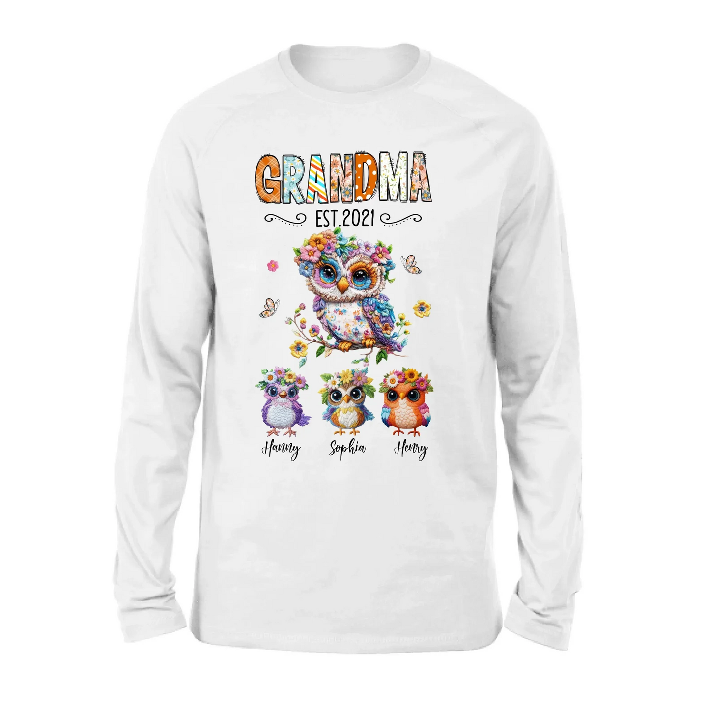 Personalized Owl Grandma Embroidered Effect Design Shirt/Hoodie - Up to 6 Kids - Mother's Day Gift Idea for Grandma/Mom