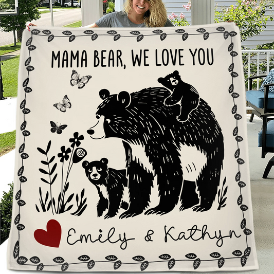 Personalized Mama Bear Quilt/Fleece Throw Blanket - Up to 7 Kids - Mother's Day Gift Idea For Grandma/Mom