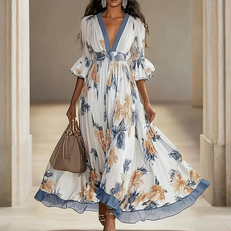 Women's Floral Print Maxi Dress With Deep V-Neck & Flare Sleeves