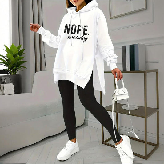 Casual 2-Piece Set Solid Color Leggings & Letter Print Hooded Sweatshirt