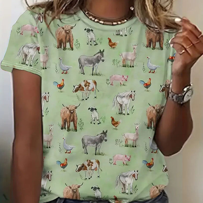 Round Neck All-Over Animal Print Short Sleeve Tee