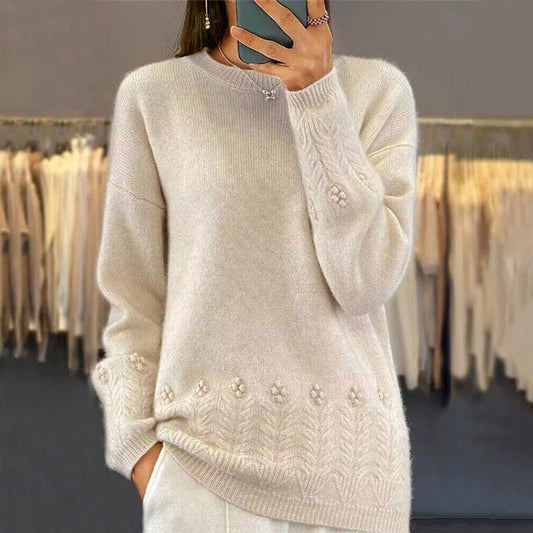 Women's Solid Color 3D Floral Embroidered Sweater