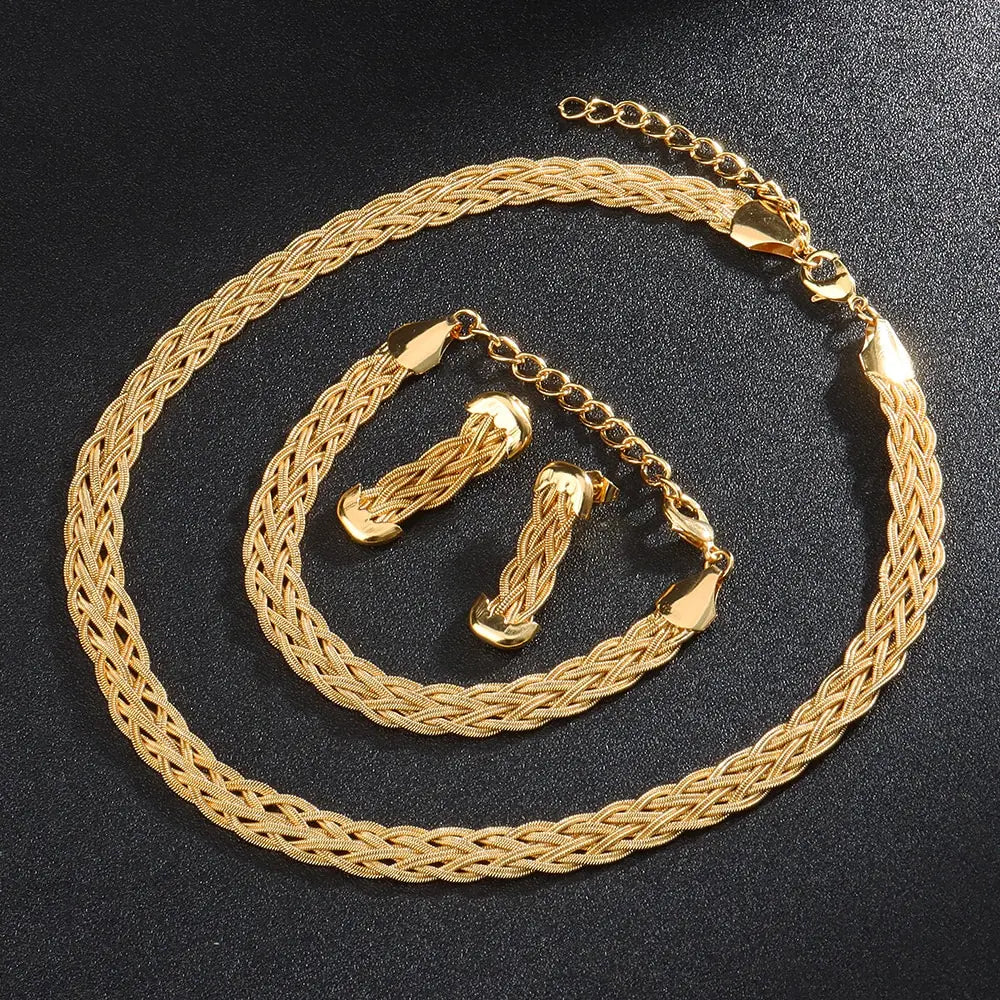 Dubai Hollow Earrings Necklace Jewelry Set Women Fashion Luxury Punk Jewellery Choker Bracelet Wholesale Accessories Party Gift