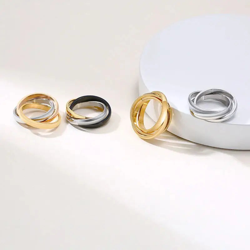 Charm Women Rings Triple Interlocked Rolling Ring Stainless Steel Gold Color Christmas Jewelry