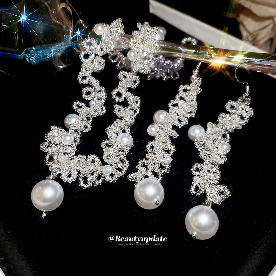 Women's French Style Crystal String Beads Lace Pearl Elegant Jewelry Set