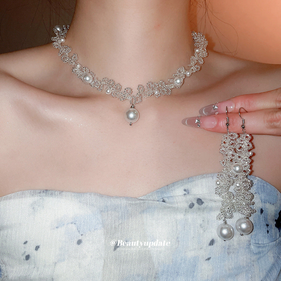 Women's French Style Crystal String Beads Lace Pearl Elegant Jewelry Set