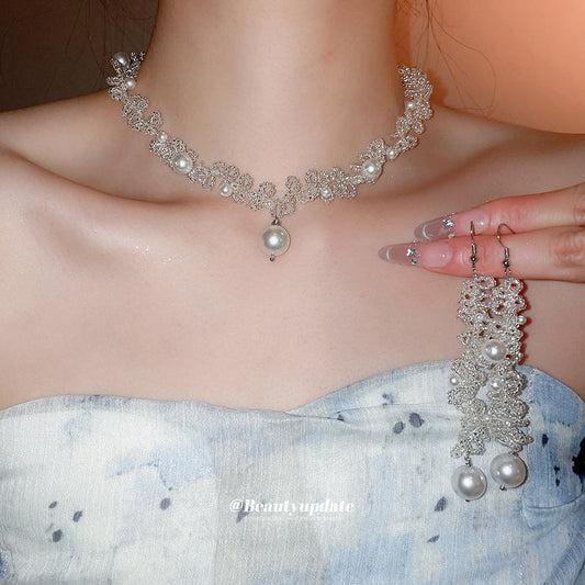 Women's French Style Crystal String Beads Lace Pearl Elegant Jewelry Set
