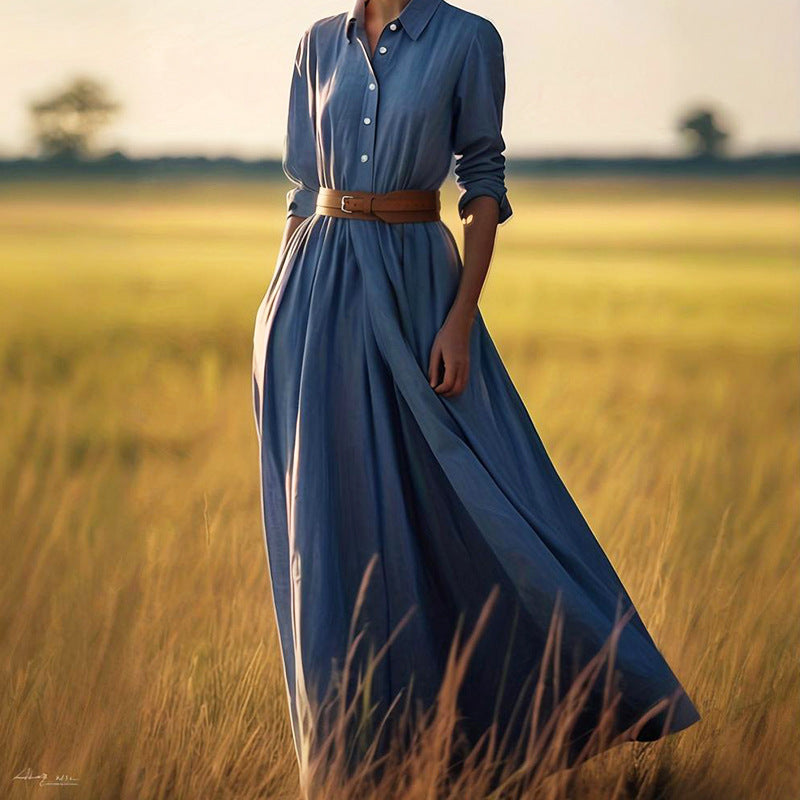Spring Women Clothing Long Sleeve Retro Midi Dress