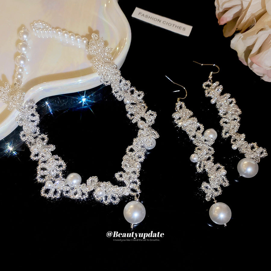 Women's French Style Crystal String Beads Lace Pearl Elegant Jewelry Set