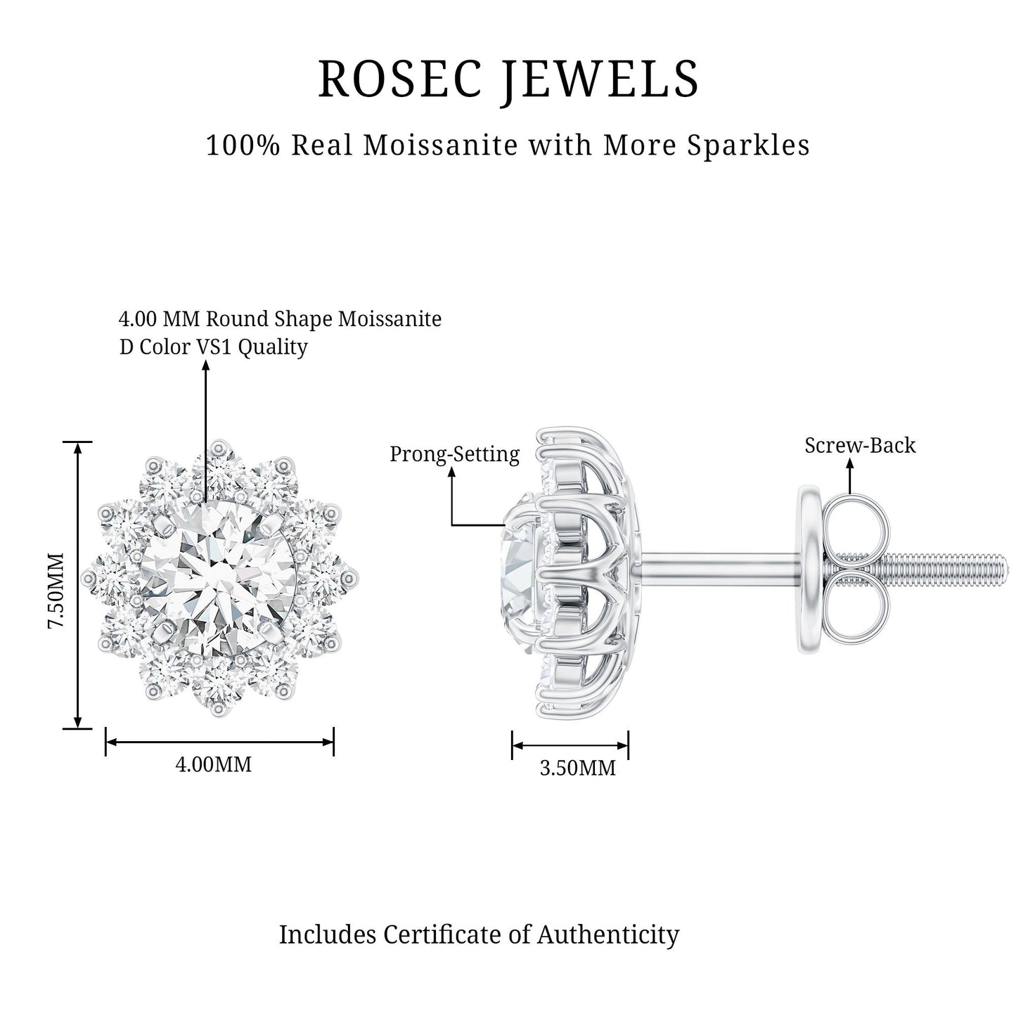 Certified Round Cut Moissanite Halo Stud Earrings for Women