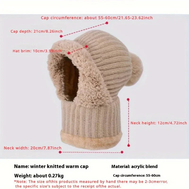 Winter Lined Knit Hat with Earflap & Hooded Neck Gaiter