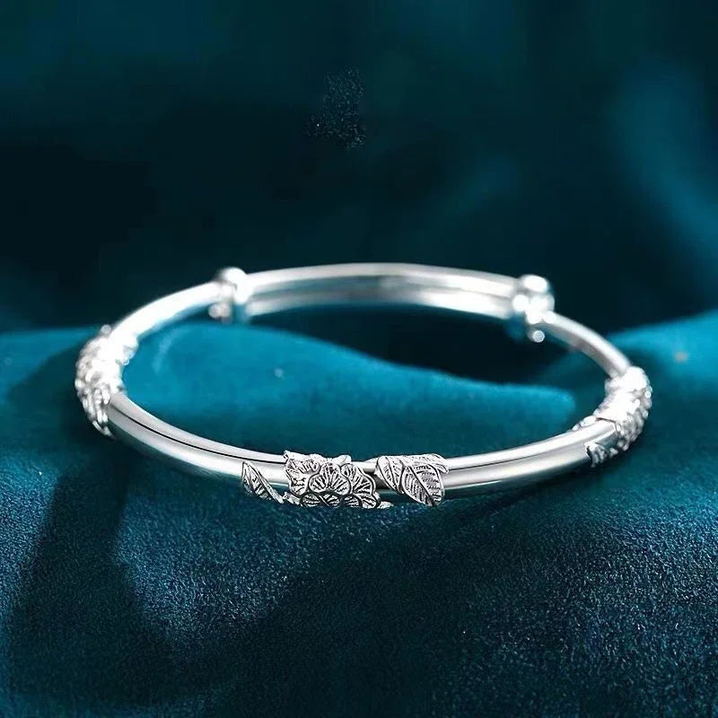 ALIZERO 925 Sterling Silver Full-blown Flowers Bangle Bracelet For Women's Delicate Open Adjustable Bracelets Fashion Jewelry