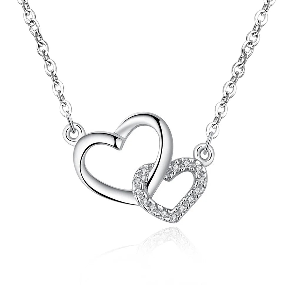 925 Sterling Silver Zircon Double Heart Necklaces For Women Girls Wedding Luxury Designer Jewelry Accessories Argent 925