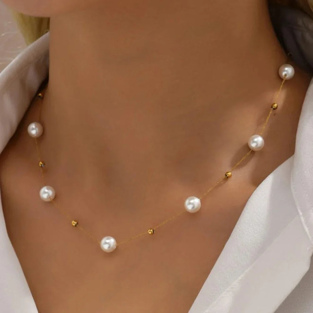 Stainless Steel Temperament Pearl Chain Choker Necklace for Women Waterproof Collar Jewelry Bijoux Gift