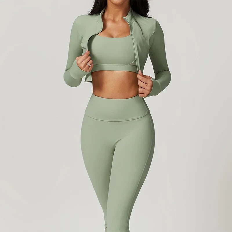Women's 3-Piece Activewear Set – Sports Bra, Leggings & Long-Sleeve Top