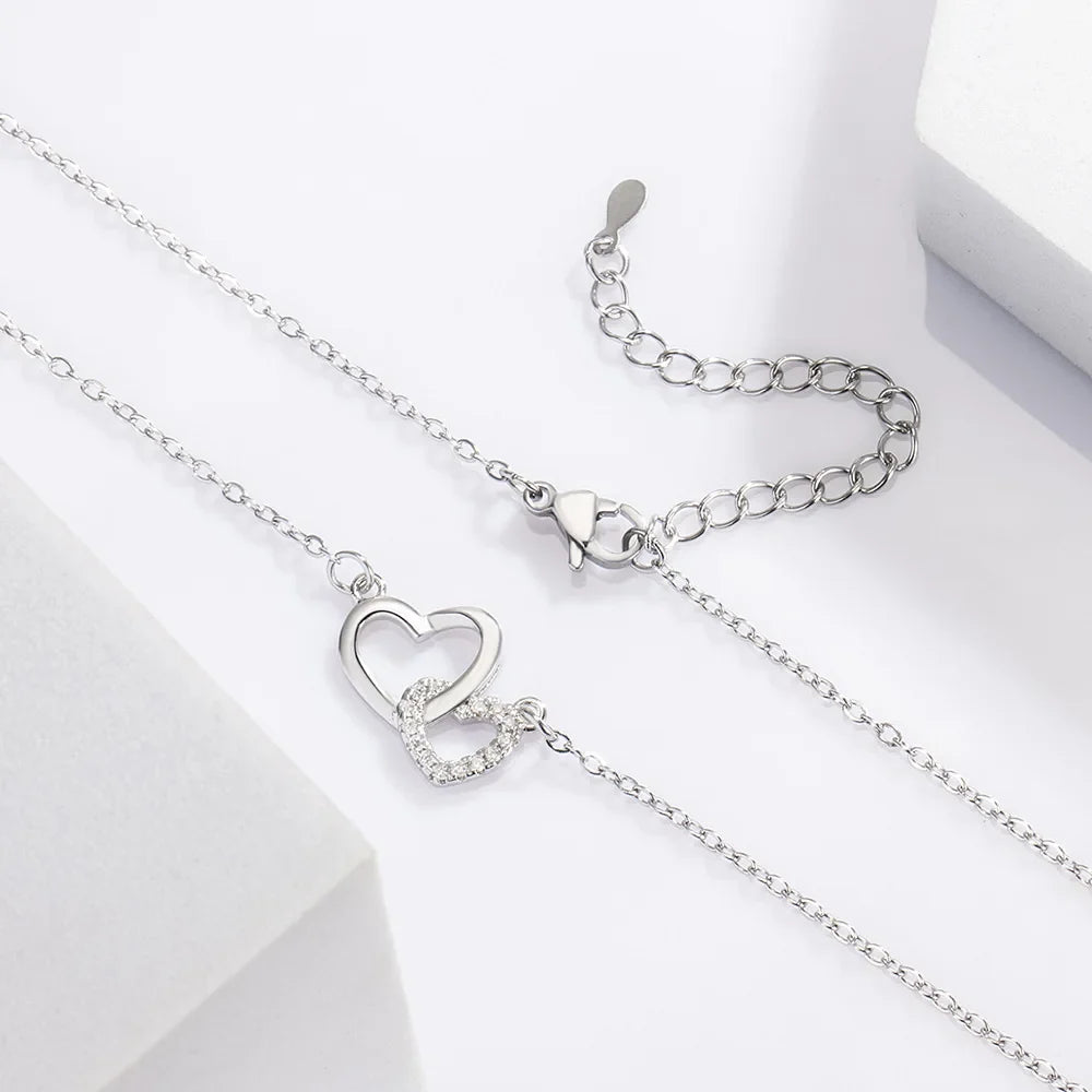 925 Sterling Silver Zircon Double Heart Necklaces For Women Girls Wedding Luxury Designer Jewelry Accessories Argent 925