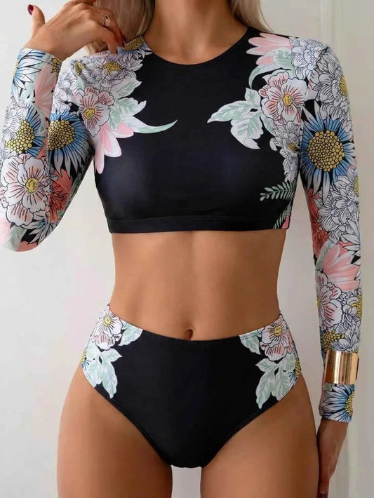 Vintage Floral Long Sleeve Bikini Set