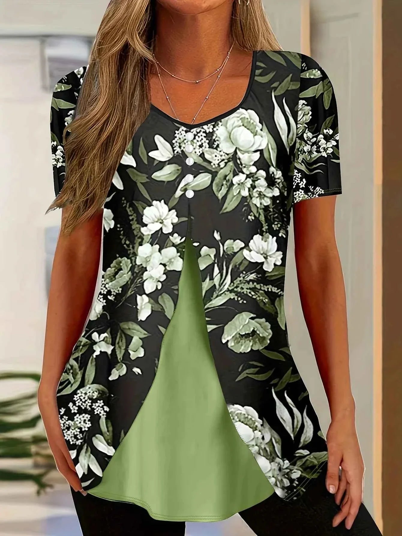 Elegant Women's Two-Piece Look Button Blouse