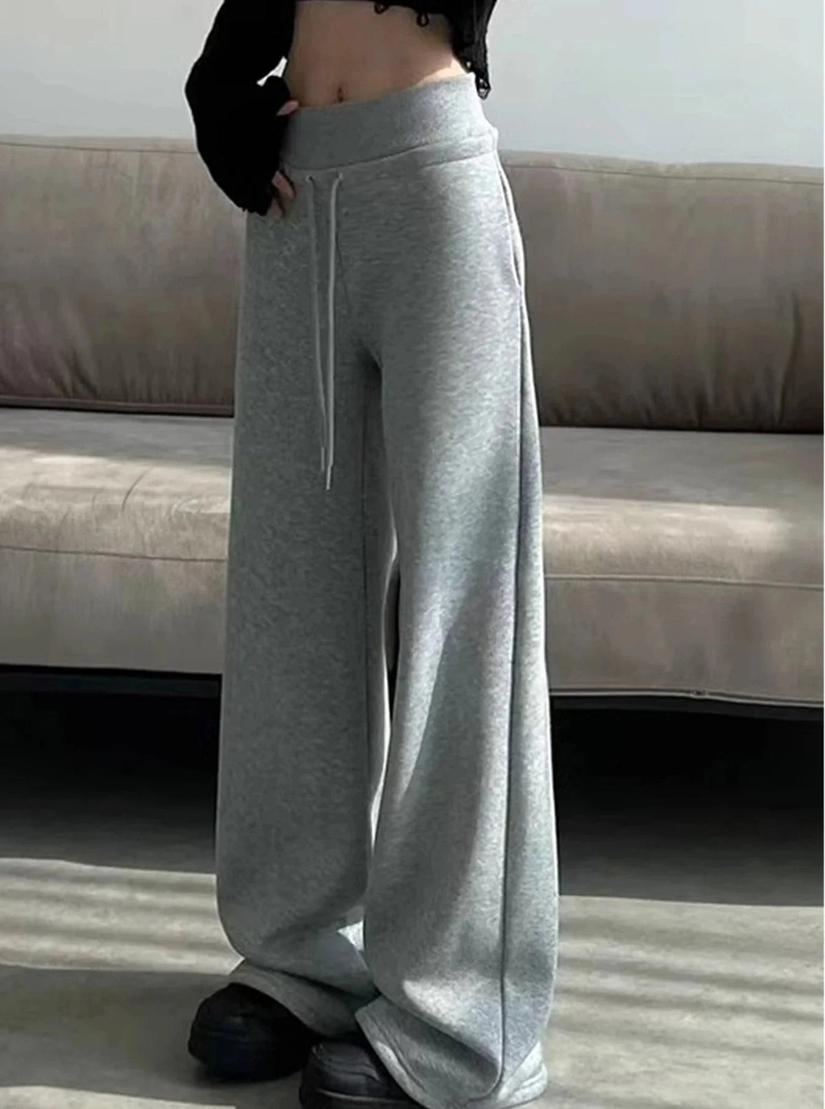 Gray High-Waist Loose Wide-Leg Straight Pants Women