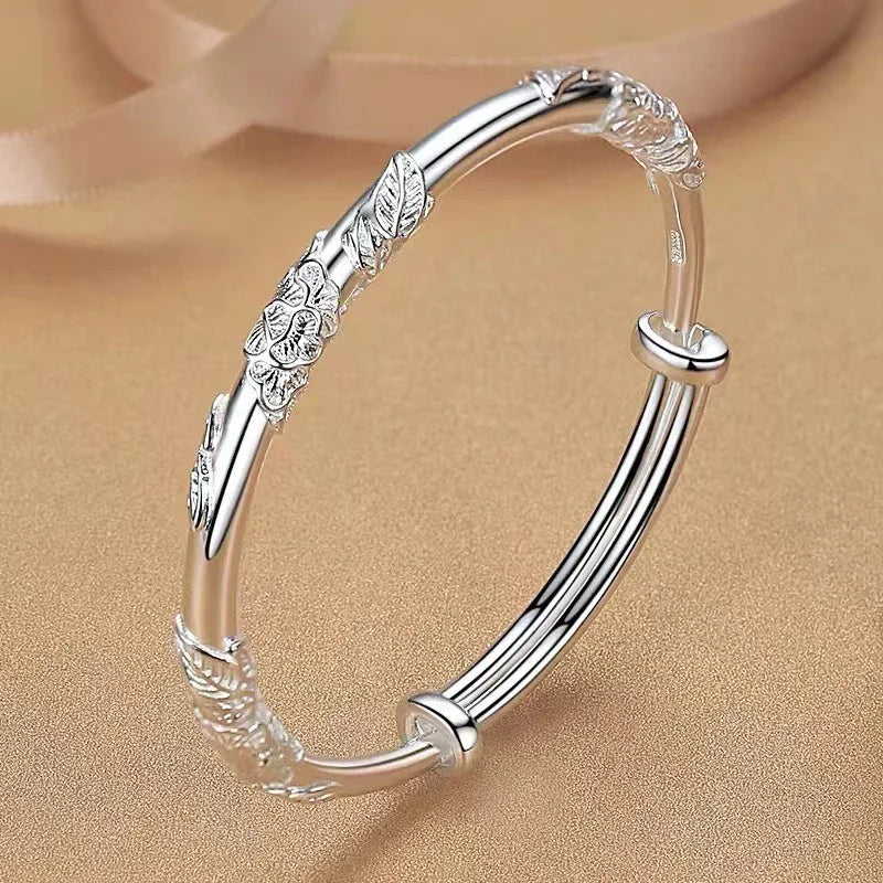 ALIZERO 925 Sterling Silver Full-blown Flowers Bangle Bracelet For Women's Delicate Open Adjustable Bracelets Fashion Jewelry