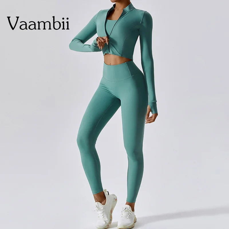 Women's 3-Piece Activewear Set – Sports Bra, Leggings & Long-Sleeve Top