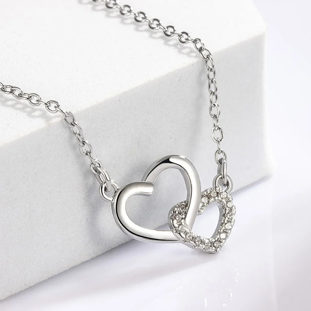 925 Sterling Silver Zircon Double Heart Necklaces For Women Girls Wedding Luxury Designer Jewelry Accessories Argent 925