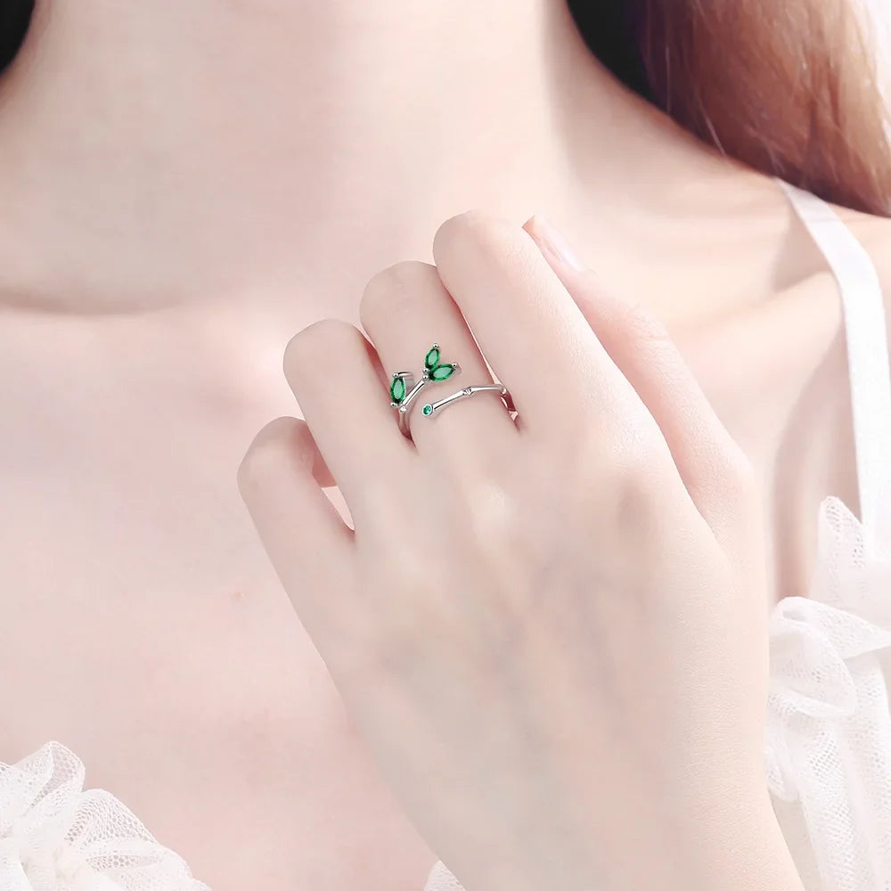 925 Sterling Silver Twig Green Leaf Rings For Women Couple Vintage Elegant Luxury Jewelry Ladies Accessorie Jewellery