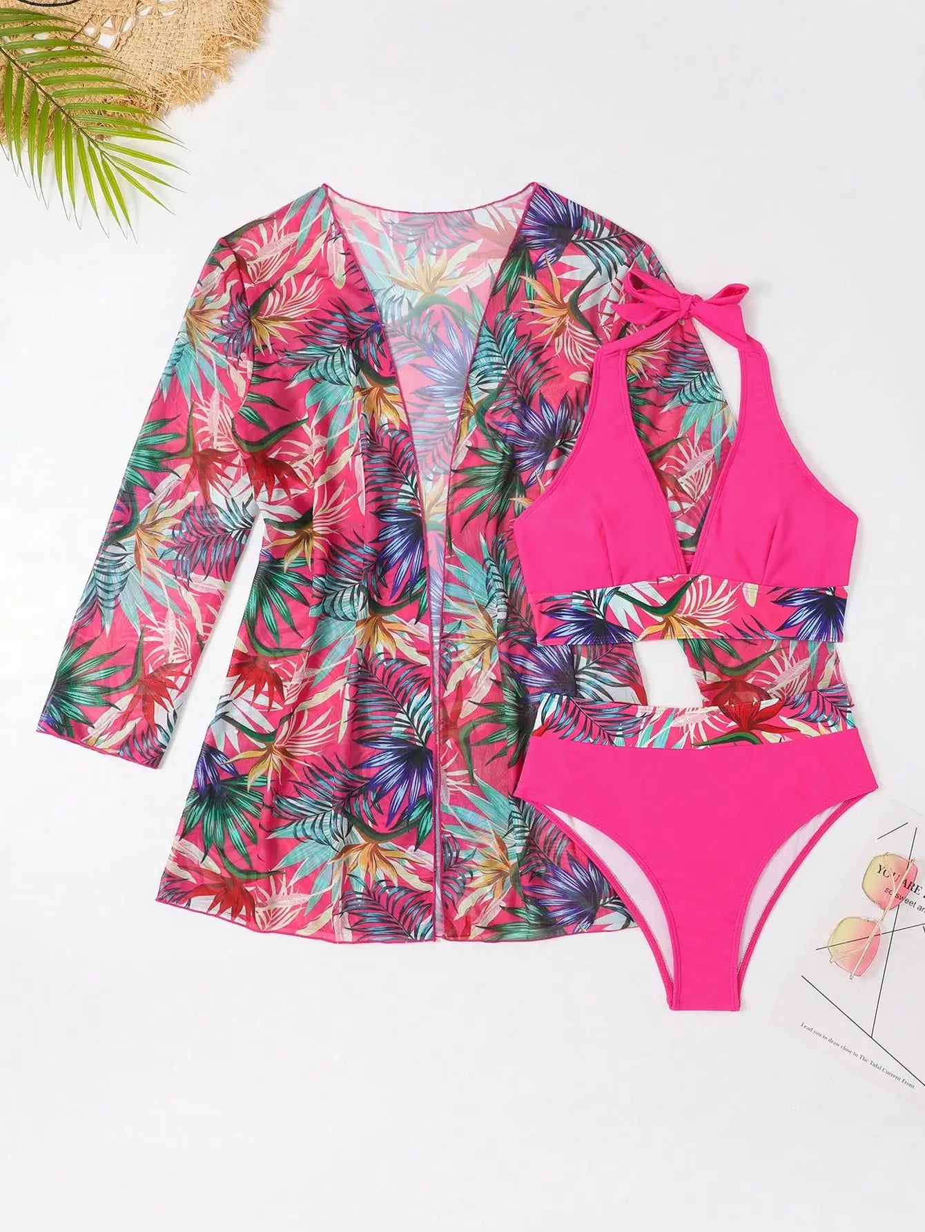 3-Piece Halter Bikini Set with Kimono Cover-Up