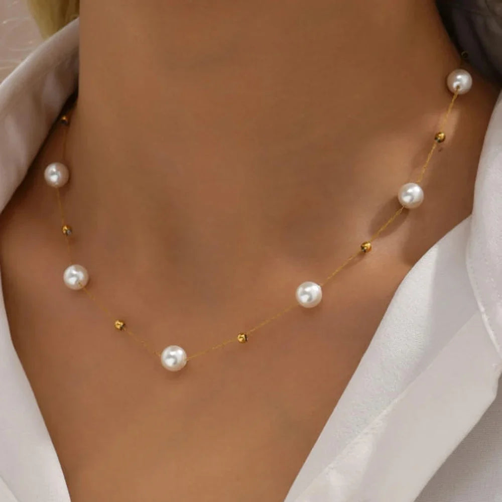 Stainless Steel Temperament Pearl Chain Choker Necklace for Women Waterproof Collar Jewelry Bijoux Gift
