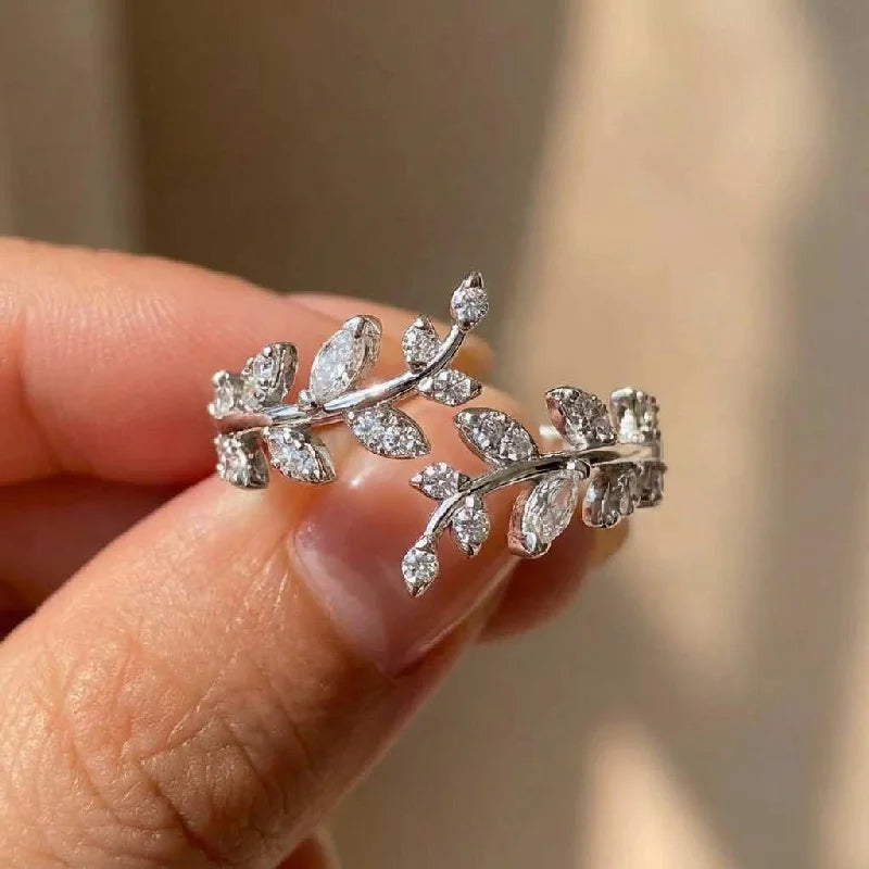 925 Sterling Silver Fashion Zircon Leaf Adjustable Rings for Women Gift Party High Quality stylish Fine Jewelry Hot Sales
